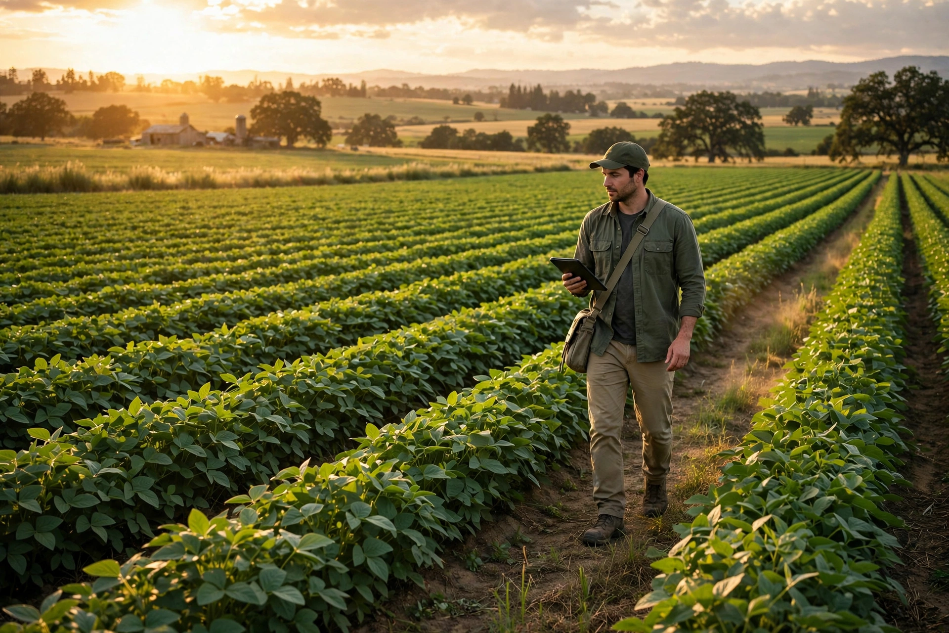 Extension agent with a tablet walking through green crop rows at sunset