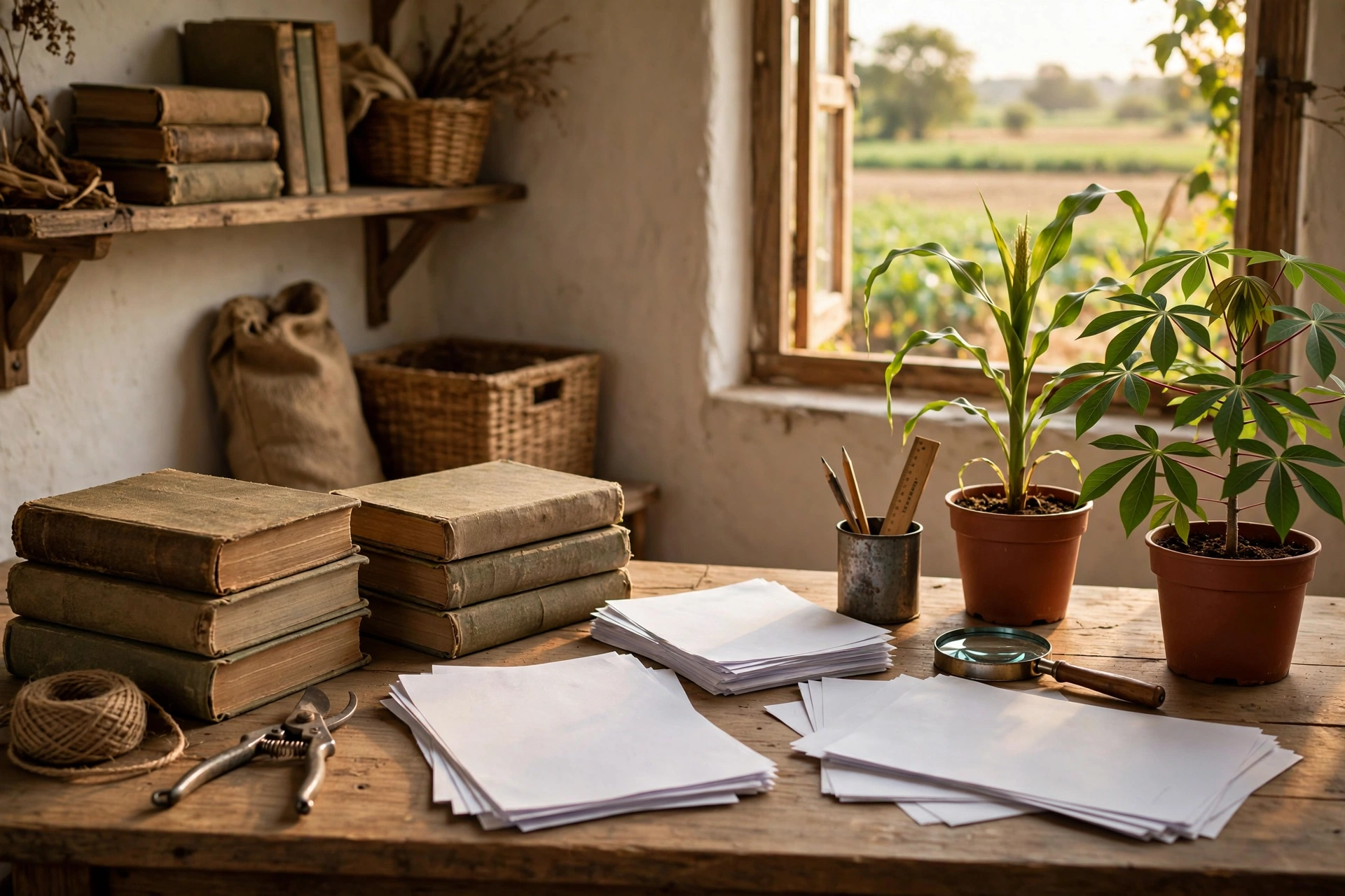 Agricultural reference books and documents beside maize and cassava plants