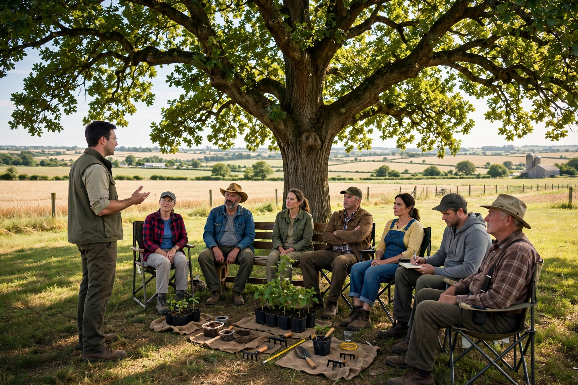 Farmer training workshop outdoors under a large tree