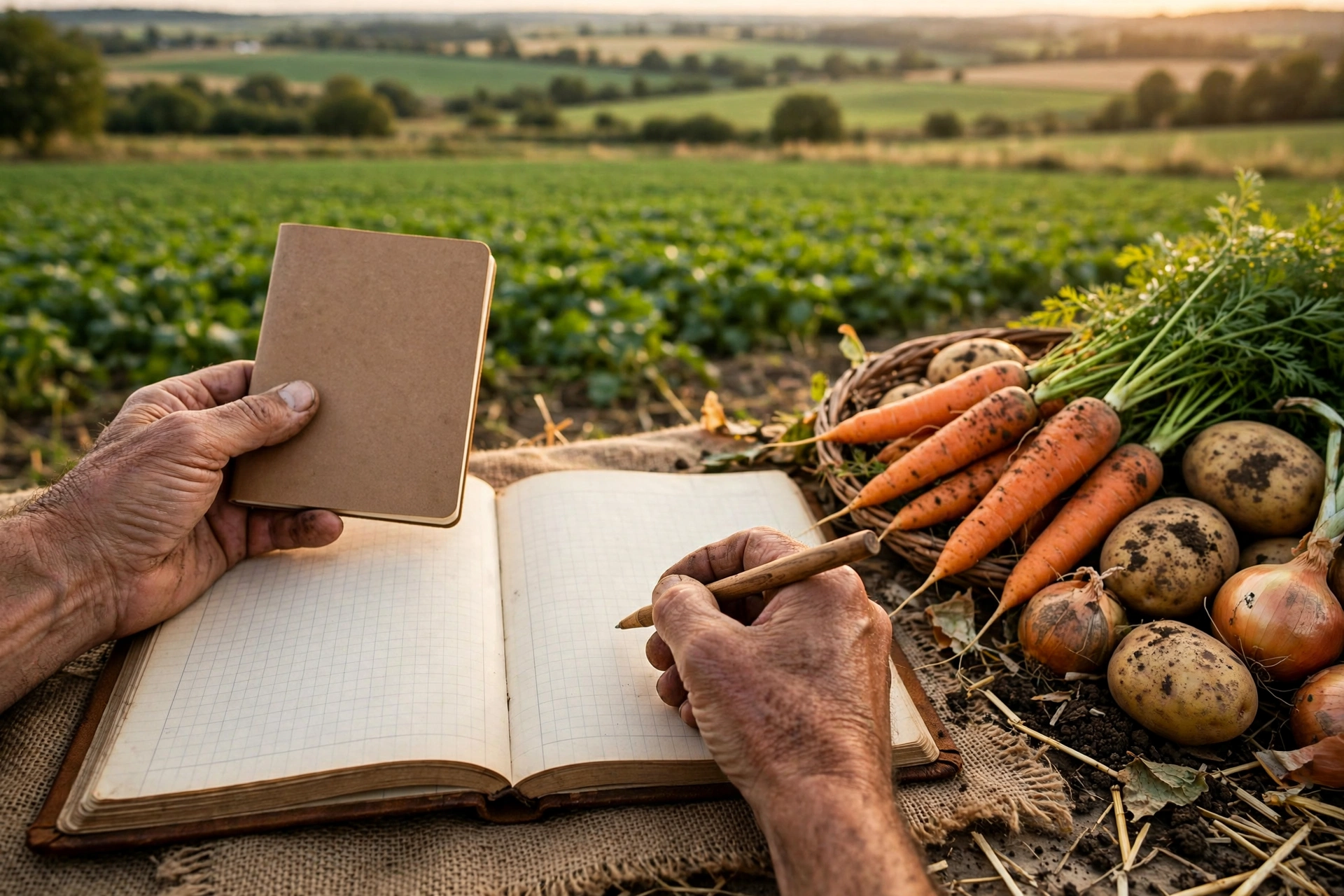 Farmer's hands with a notebook and pen over farm records beside harvested crops