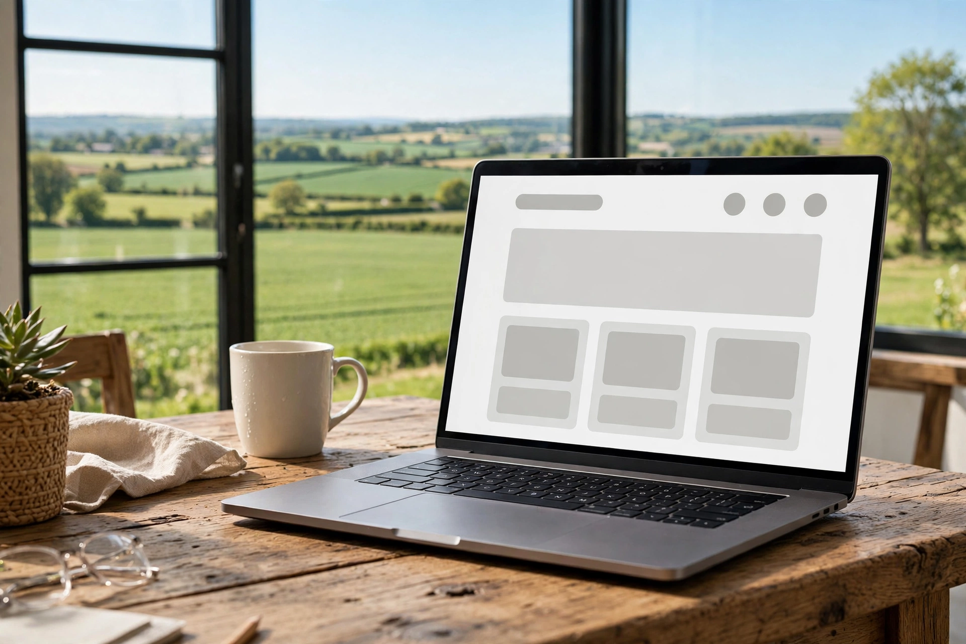 Laptop showing a website with farmland visible through a window